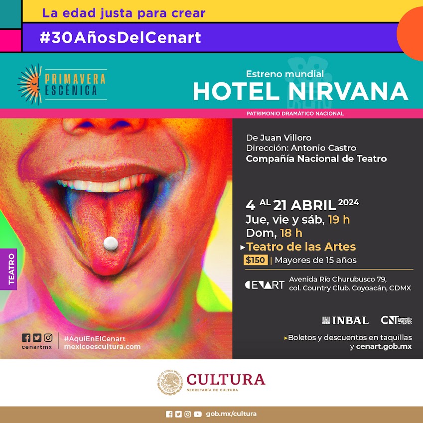 La @CNTeatromx estrena en el @cenartmx 'Hotel Nirvana', obra inédita de Juan Villoro 🎭 🔸 Bajo la dirección de Antonio Castro, pone en tela de juicio la posición de México ante las drogas psicodélicas en los años sesenta. 🔗 shorturl.at/ekCLO
