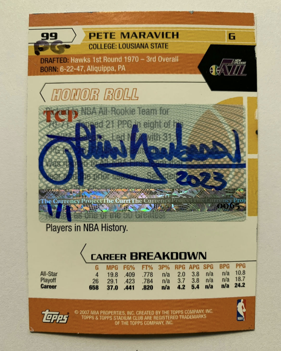 Release Date: 12/10/2023
Initial TCP Market Value (at Release Date): $129.50
Raw Card Average Value: $1.00
Artwork Title: Bayou Maravich (PG)
Artist: Lombardi
Medium: Oil paint on authentic 2007 Topps Stadium Club Pete Maravich #99 (PG)
