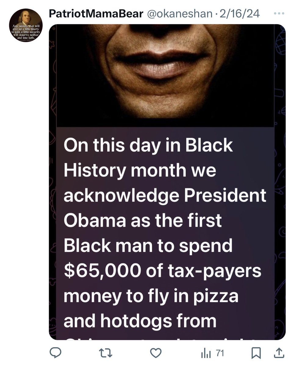 This is <a href="/okaneshan/">PatriotMamaBear</a> (Shannon Harris) of the <a href="/PennridgeGop/">Pennridge Gop</a> and <a href="/BucksGOP/">Bucks GOP</a> peddling a debunked conspiracy theory as away to subvert black history month because she is a RACIST and white Christian nationalist. usatoday.com/story/news/fac…