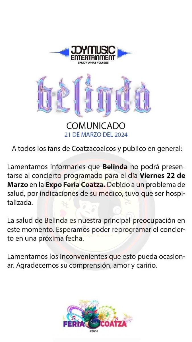 "A veces dejamos los temas de salud para después"
Belinda habría sufrido un colapso que la llevó al hospital
Después de que se anunciará la cancelación  de su presentacion el día de mañana en la Feria de Coatza en Belinda explica en un post, la razón por la que fue hospitalizada
