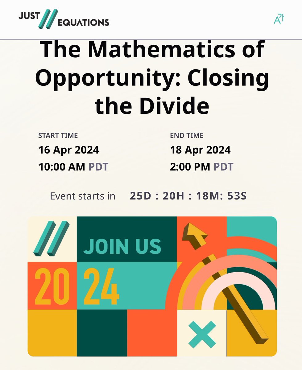 CA Mathematics Council is happy to support @JUST_Equations 💙#cmcmath Free, virtual event on April 16–18, will explore the future of equity in math ed and showcase voices of edu leaders, policymakers, equity experts working to elevate math opportunities airmeet.com/e/c9a58380-b6f…