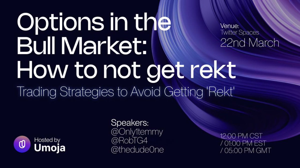 ANOTHER ONE! 😅➕

Join us tomorrow for a hot discussion on: 'Options in the Bull Market: How to not get rekt'.

There will be lots of vibes, lots of alpha...

🎙️ Speakers: <a href="/Only1temmy/">𝕋𝕖𝕞𝕞𝕪🦇🔊</a>, <a href="/robtg4/">Robby G4</a> and <a href="/thedude0ne/">The Dude</a>

🗓️ wen? Tomorrow! March 22, 12PM CST/ 1PM EST/ 5PM GMT

➡️ wer?
