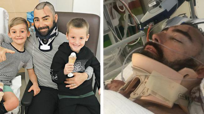 interesting_aIl's tweet photo. In 2018, a heroic dad, Brad Lewis, saved his youngest son from a fatal fall from a balcony by jumping after him and cradling him to his chest, taking the brunt of the impact. He suffered a fractured skull among other injuries. 

The incident happened when his son fired a toy Nerf gun and chased after the bullet onto the balcony - only for him to slip and lose his footing. 

Both Brad and his son made a full recovery.