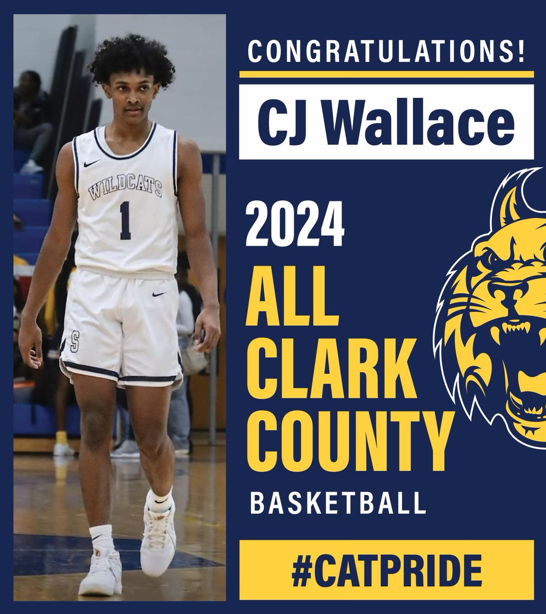Congratulations to Freshman CJ Wallace on being selected All Clark County by area Coaches - the only class of 2027 recipient of this recognition. Well done. #CatPride #DisciplinedAthlete 
💙🏀💛