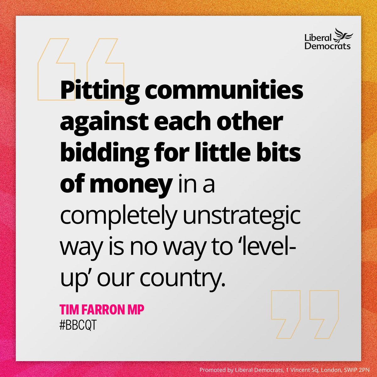 'Pitting communities against each other bidding for little bits of money in a completely unstrategic way is no way to ‘level-up’ our country. 'We need to invest in real infrastructure between these towns.' @timfarron #BBCQT