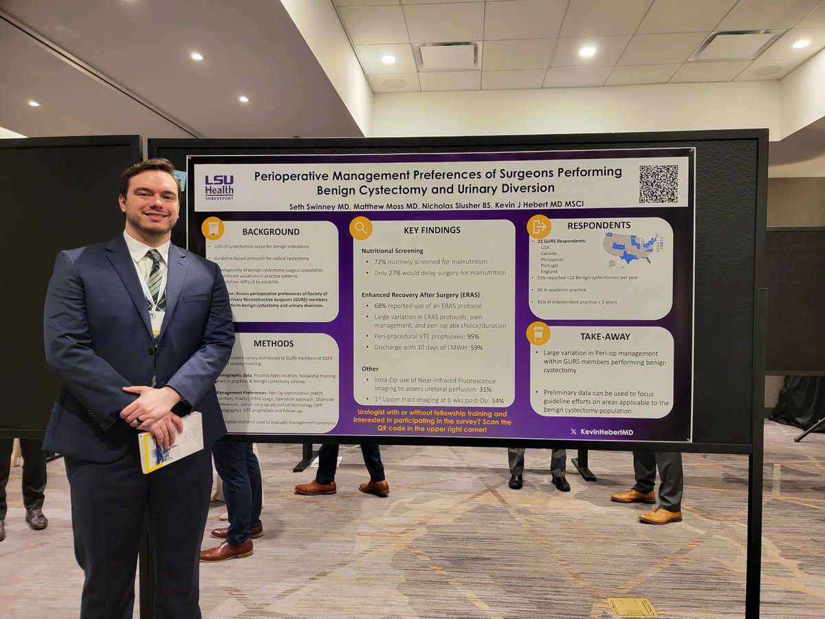 Congrats to @SwinneySeth on winning best poster in the #SESAUA2024 recon session. In a survey of GURS members performing benign cystectomies we found inconsistent periop practice patterns related to ERAS, nutrition screening, and postop pathways. @SocietyGURS @LSUHSUrology