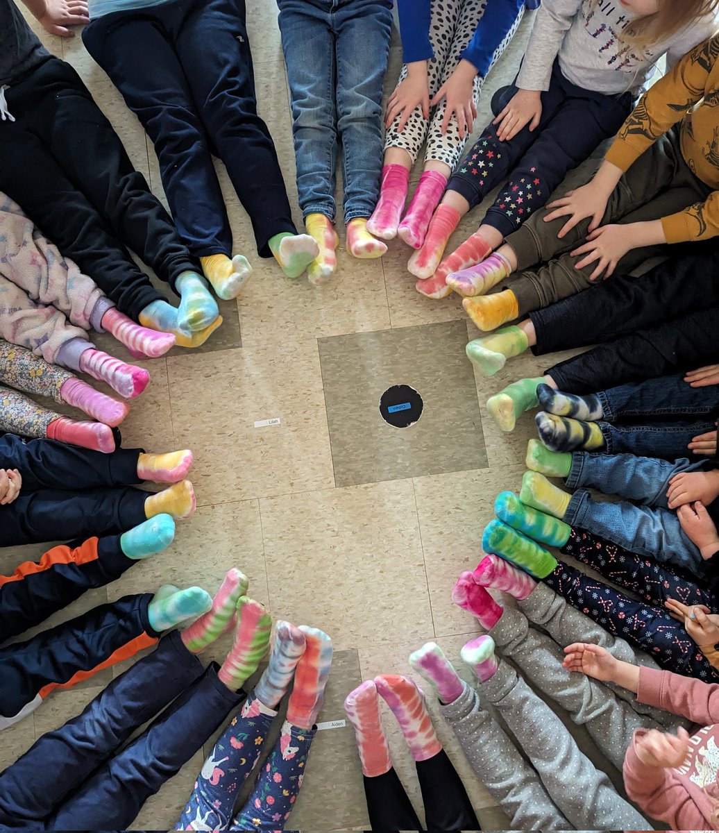 One of our families generously donated a class set of white socks and tie dye so we could make our own socks for #WorldDownSyndromeDay2024! 
It's a beautiful thing to see us all wearing the same socks yet each pair is so unique from the next. #LotsOfSocks <a href="/OakwoodPublic/">Oakwood Public School</a> 🦅