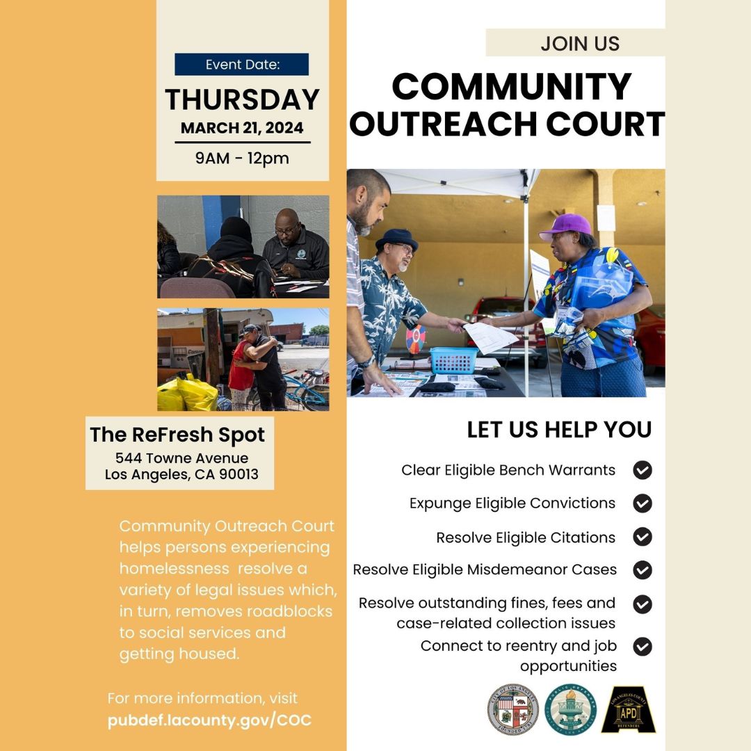 Join Community Outreach Court on Thursday, March 21st from 9am-12pm at The ReFresh Spot! The Community Outreach Court helps persons experiencing homelessness resolve a variety of legal issues! #lacityparks #parkproudla #everythingunderthesun