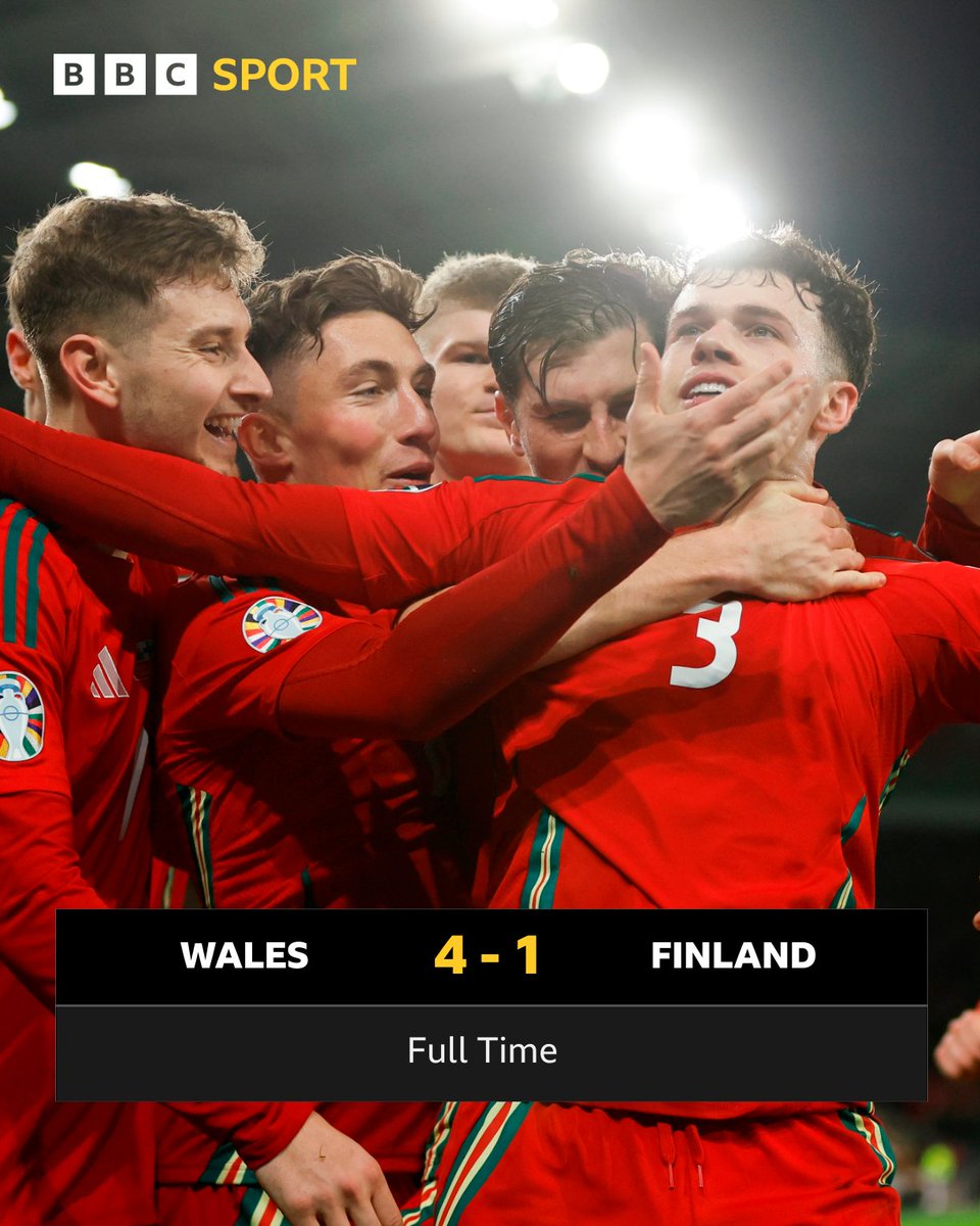 A brilliant night in Cardiff as Wales seal their play-off final spot! FT: 🏴󠁧󠁢󠁷󠁬󠁳󠁿 Wales 4-1 Finland 🇫🇮 ⚽ 📻 @BBCRadioWales @BBCSounds and Online #BBCFootball