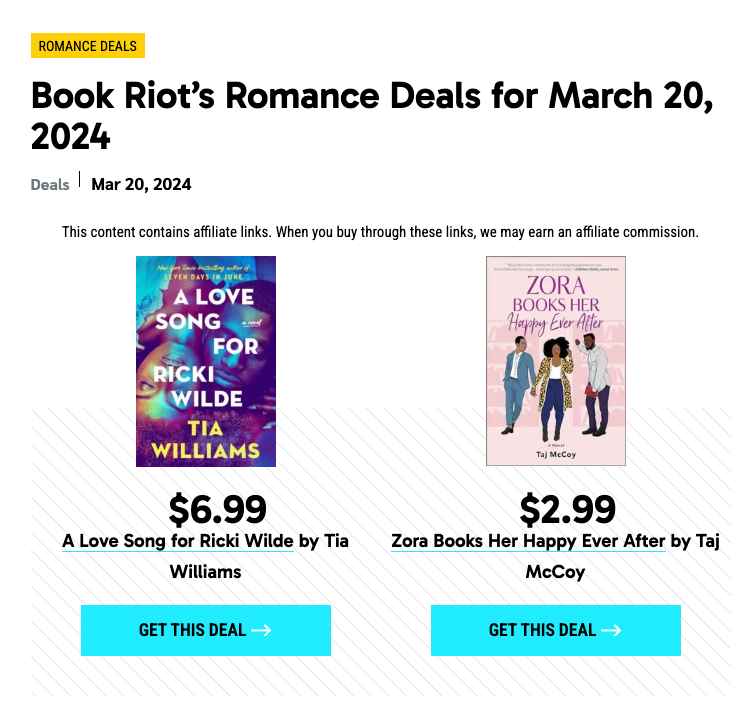 The @BookRiot deal is still accessible!! Don't miss out––Zora Books Her Happy Ever After is $2.99. 🥰📚 bookriot.com/book-riots-rom…