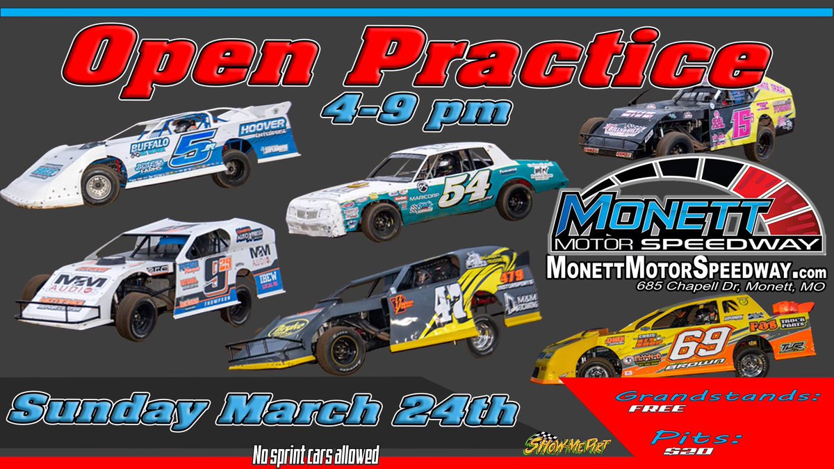 Open practice Sunday March 24th

Pitt gates will open at 3:00pm 
Timing will be set up for those who want see lap times $10.00 transponder rental fee and your driver license you will get that back when we get the transponders back 
$20.00 per person in the pits 
Grandstand free