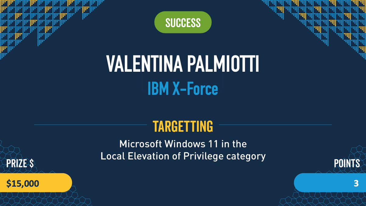 Confirmed! Valentina Palmiotti (@chompie1337) with IBM X-Force used an Improper Update of Reference Count bug to escalate privileges on Windows 11. She nailed her first #Pwn2Own event and walks away with $15,000 and 3 Master of Pwn points.