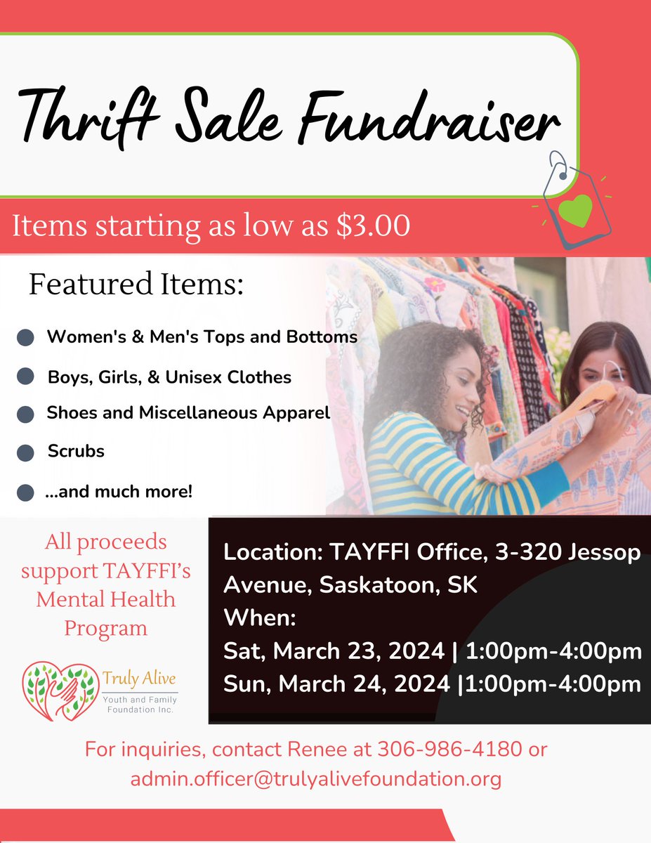 Truly Alive Youth and Family Foundation Inc. invites you to our Thrift Sale Fundraiser this Saturday and Sunday from 1:00 PM to 4:00 PM at the TAYFFI Office. We have a diverse selection of high-quality clothing for all ages. All proceeds support our mental health program.