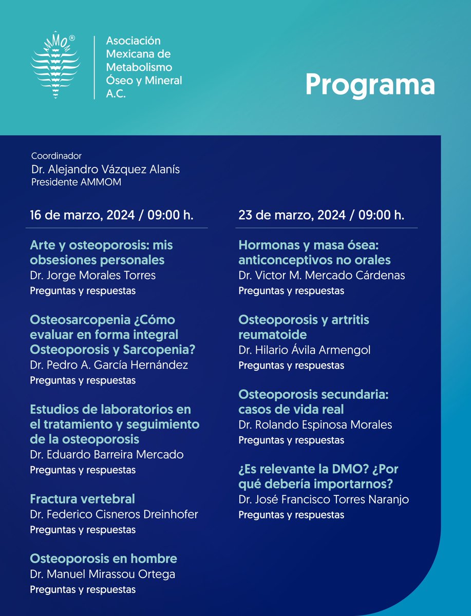 Este sábado 23 de marzo nos vemos en la segunda charla con los expresidentes de #AMMOM: ⏰ 09:00 a 13:00 hrs. Coordinador: 🩺 Dr. Alejandro Vázquez Alanís, presidente de #AMMOM. 📌 Link: ammom.org/sesion/charlas…