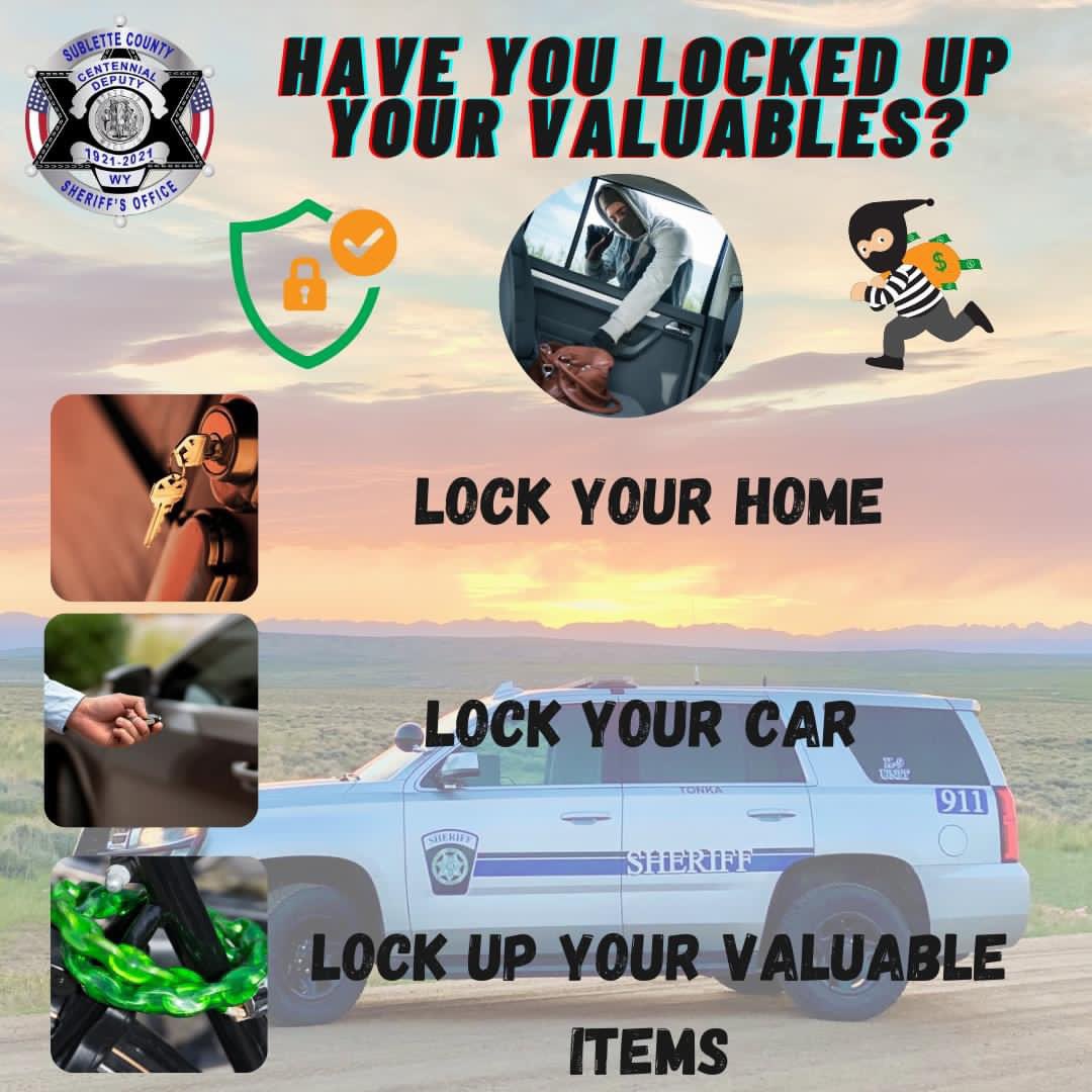 SheriffSublette's tweet image. Have you been locking up your valuables?

The SCSO has had a stint of recent thefts reported in Sublette County. Many of these were unsecured items, purses, and cash left in vehicles to name a few!

You should ALWAYS lock your valuables to protect yourself
#SCSOSafety #SCSO