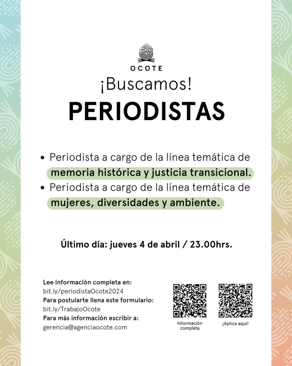 AgenciaOcote's tweet photo. ¡Abrimos convocatoria para periodistas! 🔥

Buscamos cómplices con ética, energía y ganas de aprender. ⚡️

Toda la información en: https://t.co/aZNKT1n3gk
Si te interesa, llena el formulario: https://t.co/jLdGStFfLD

📌Último día para aplicar: jueves 4 de abril https://t.co/l54JWjaTvL