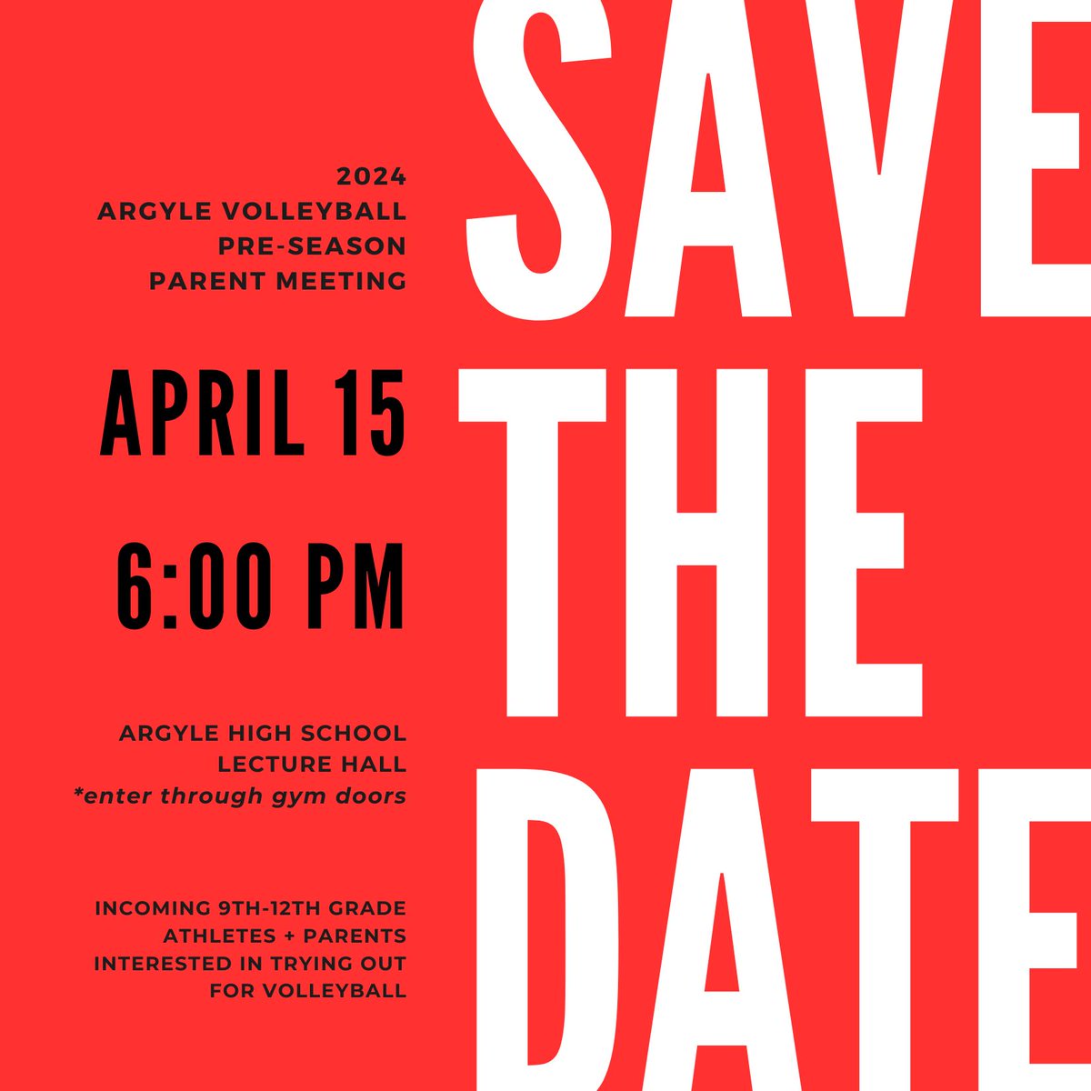 Interested in trying out for Argyle Volleyball? 👀 Make plans to attend our pre-season athlete & parent meeting on Monday, April 15th! We will go over the 2024 Summer Calendar, Tryouts, Season Schedule, Volunteer Opportunities, Gear and MORE! ❤️🖤 Details ⬇️
