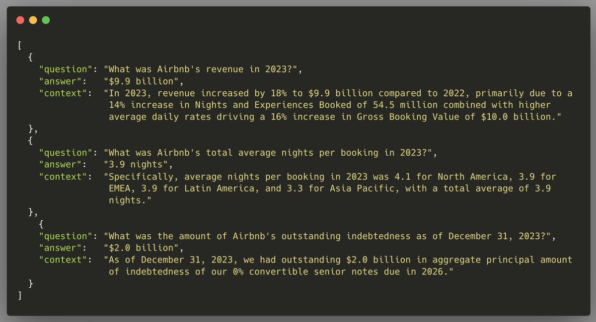 virattt's tweet photo. My financial RAG dataset is live 🗃️

You all asked me to share the 100 question dataset.

So, here it is.

Dataset details:
• 100 questions on Airbnb 2023 10-K 
• synthetically generated via opus

The dataset is tiny right now, but I will continue expanding it.

Eventually, I will upload it to HuggingFace.

Let me know what the best open source libraries are for economically generating datasets.

If none exist, I will build my own and share here 🙂