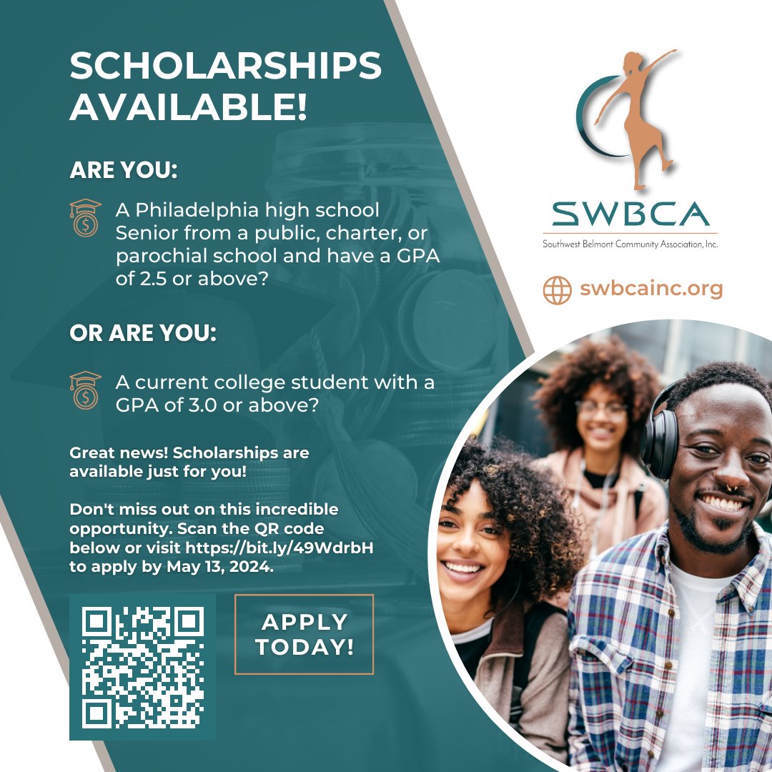 The Southwest Belmont Community Association has scholarships available for Philadelphia high school seniors and college students. Please check out the flyer below or the group's website: bit.ly/swscholarship Deadline: May 13, 2024. #paulrobesonhouseandmuseum