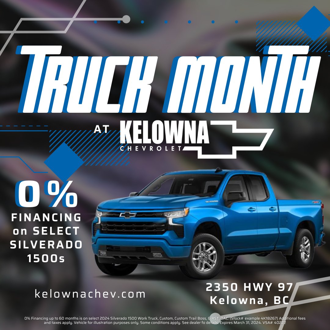 Truck Month is BACK! 😎 Get 0% financing on select 2024 Silverado 1500s! NOW is your chance to get into your dream truck with Kelowna Chev ✨ . . . . . . #deals #sale #yvr #kelowna#bc #explorebc #britishcolumbia #chevrolet #chevy #gm #trending #discounts #truckmonth