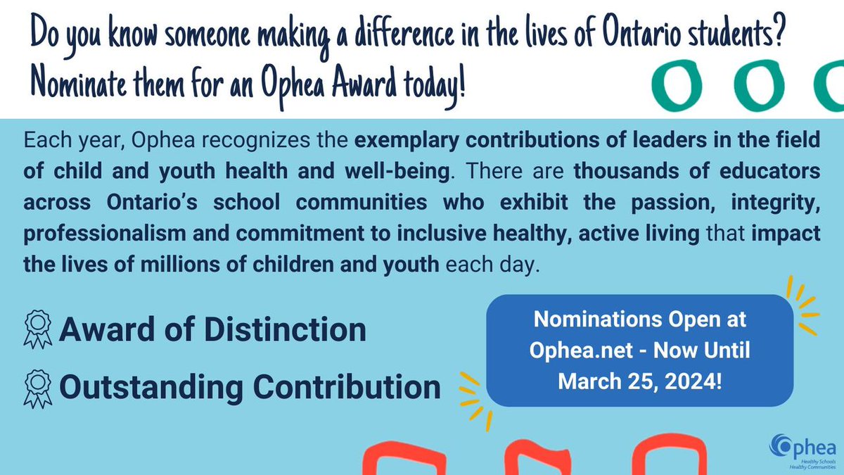 Nominations for Ophea's 23/24 Awards are 🎊 NOW OPEN 🎊 Help us recognize individuals promoting healthy, active living in Ontario students - nominations close March 25! Full eligibility requirements &amp; nomination guidelines available here: bit.ly/3ej5tSe