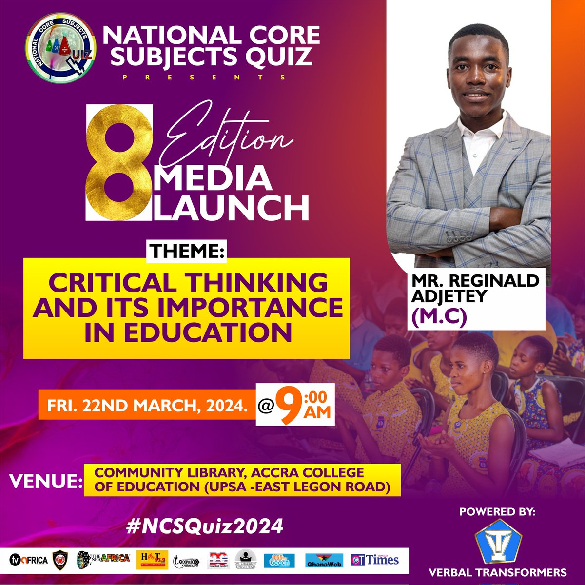 NCSQGhana's tweet photo. 🎤MR. REGINALD ADJETEY @AdjeteyReginald on the MiC. Exceptional MC!. Media Launch of #NCSQuiz 8TH EDITION #NCSQuiz2024 Let's continue to make quality education appealing to everyone. NCSQuiz; building the future of Africa.
Powered by @Verbaltrans https://t.co/RSWe4vF3GZ