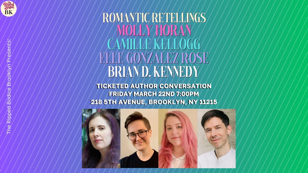 We're hosting a Romantic Retellings panel in Brooklyn on Friday, March 22nd at 7pm. Moderated by @Molly_Horan, she will chat with @Kellogg_Camille, @EGonzalez Rose, and @BDKennedyBooks. 💜⁠ 🎟️Tickets & order books: therippedbodicela.com/brooklyn-events ⁠ #TheRippedBodiceBK #AuthorEvent