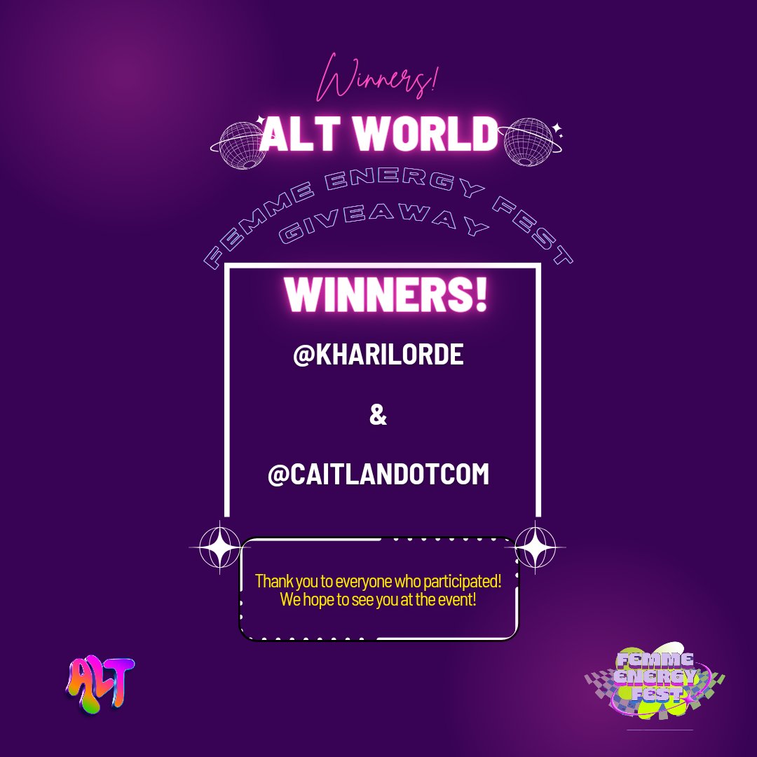 _altatl's tweet photo. 🌐ALT WORLD🌐!!

Give it up for the winners of the @femmeenergyfest  x ALT ATL giveaway! 
💜@/caitlandotcom
💚@/kharilorde

💫You both get a FREE ticket to @femmeenergyfest THIS Sunday  3/24!💫

Thank you to everyone who participated! https://t.co/CxSqB9Yuvm