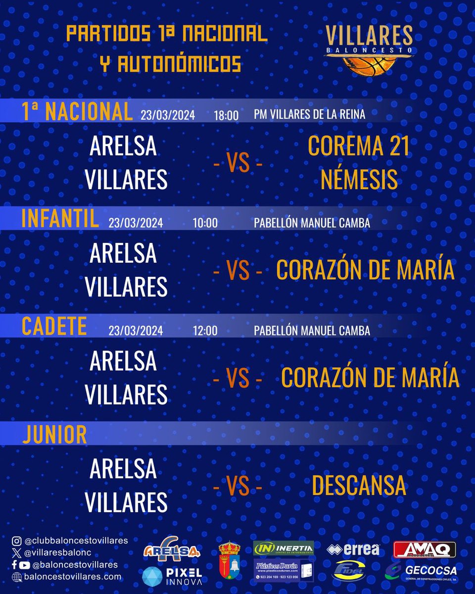 1ª ɴᴀᴄɪᴏɴᴀʟ ʏ ᴀᴜᴛᴏɴᴏᴍɪᴄᴏꜱ

1ª Nacional:
⏰18:00
🆚 <a href="/cbnemesis/">Baloncesto Némesis Santander - Kells College</a> 
📍PM Villares de la Reina

Infantil:
⏰10:00
🆚 <a href="/corazondemariaz/">Corazón de María Zam</a> 
📍Pab. Manuel Camba 

Cadete:
⏰12:00
🆚 <a href="/corazondemariaz/">Corazón de María Zam</a> 
📍Pab. Manuel Camba 

Junior:
🛌 DESCANSA

#crecerJUNTOScrecerFUERTES