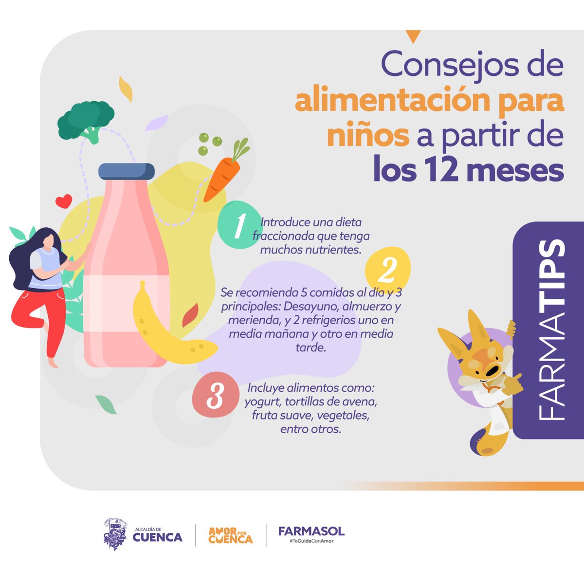 FarmasolEp's tweet photo. #FarmaTips 🍎 🥕 🥬
👩⚕️ Te dejamos estos importantes consejos de nutrición para niños mayores de 12 meses y que aportan a su correcto desarrollo y crecimiento. 👇
#FarmasolTeCuidaConAmor 🫶🏻
#AmorPorCuenca ❤️💛
@czamoramatute @MunicipioCuenca @JL_UlloaLopez https://t.co/eOKOF7sYkd