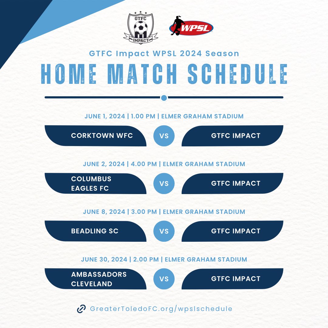 GTFCImpact's tweet photo. Start the Kickoff Countdown ⚽️⏳

2024 #WPSL SCHEDULE NOW LIVE

Opening away kickoff May 25 at @BeadlingSoccer 
Opening HOME kickoff June 1 vs Corktown FC

@WPSL @WPSLEast 

🗓️ https://t.co/bzEEvdiehn https://t.co/cFrv7KNwF9