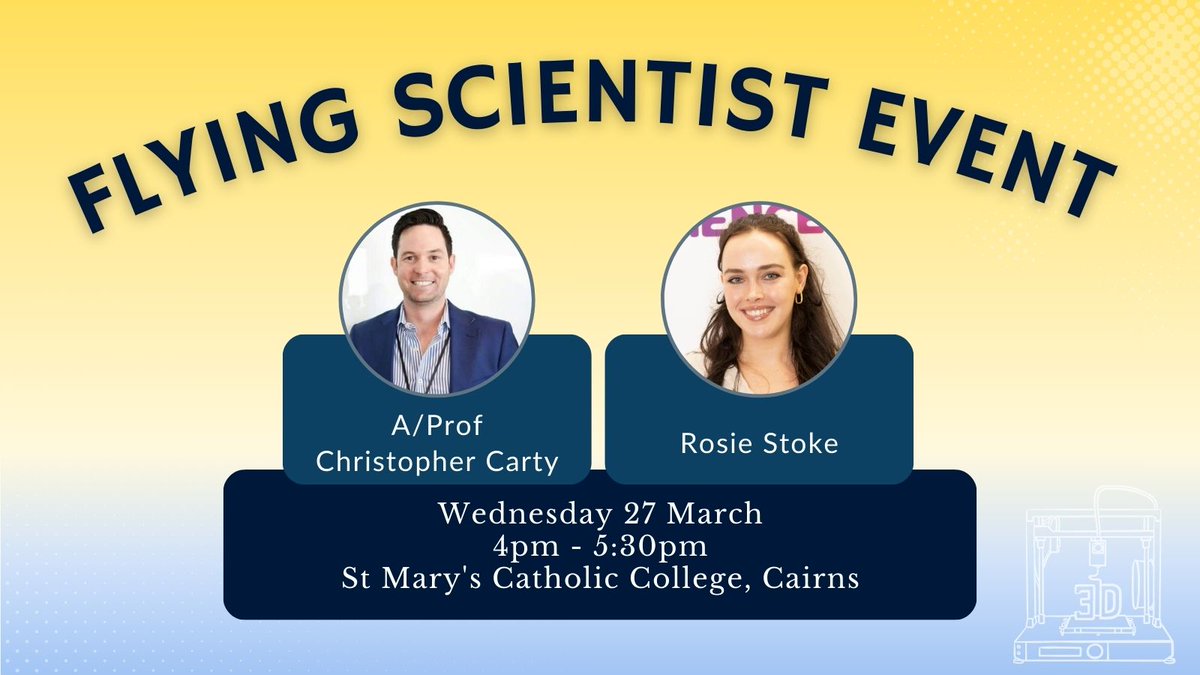 The Flying Scientist is bringing A/Prof Christopher Carty and Young Science Ambassador Rosie Stoke to Cairns to discuss all things computer simulations and 3D printing in medicine! 🖥🩺 #qldscience