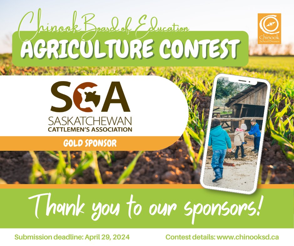 Thank you to @SaskCattlemens, Gold Sponsor for the Chinook Board of Education Agriculture Contest. We appreciate your support! There will be some great prizes for the winning entries, thanks to our many local sponsors! Contest details and sponsor info: chinooksd.ca/Pages/newsitem…