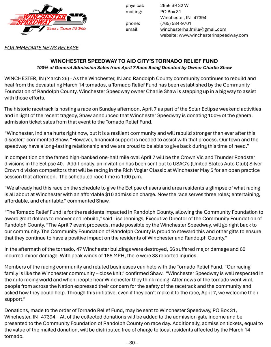 As a racing family we can help a community in need of support. @FastestHalfMile is donating 100% of the ticket sales to the Tornado Relief Fund. Can't attend, you can still donate.....