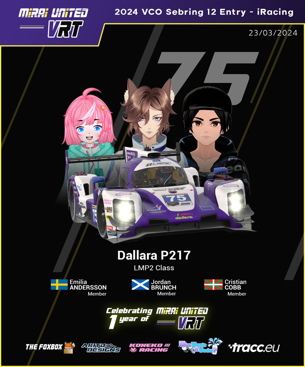 💫🏁 1-YEAR ANNIVERSARY! 🏁💫 

What better way to celebrate our 1-year anniversary than to be back this weekend for the @vcoesports Sebring 12 race in @iRacing!

Meet our *three* teams who will tackle this challenging  experience!

#IntoMirai #VTuber #RacingVTuber