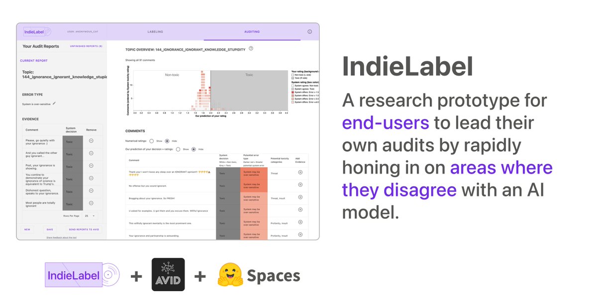 It's been great working with the folks from @AvidMldb to launch a public version of IndieLabel, our prototype end-user auditing system (from our CSCW22 paper)! We hope this demo can seed further discussion and future work on user-driven AI audits ✨