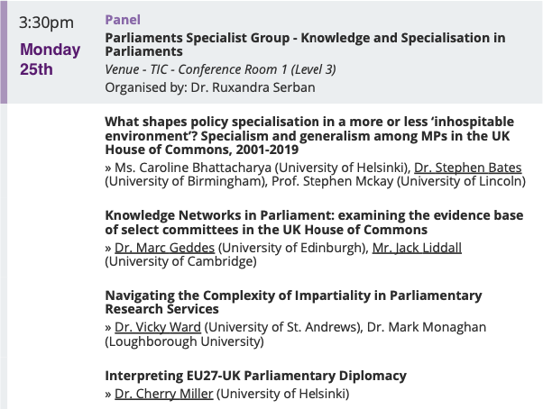 Monday afternoon at 3:30pm we kick off with our first panel on 𝘒𝘯𝘰𝘸𝘭𝘦𝘥𝘨𝘦 𝘢𝘯𝘥 𝘚𝘱𝘦𝘤𝘪𝘢𝘭𝘪𝘴𝘢𝘵𝘪𝘰𝘯 𝘪𝘯 𝘗𝘢𝘳𝘭𝘪𝘢𝘮𝘦𝘯𝘵𝘴. @ruxandrasrbn will be chairing. Presentations by @Stephen_R_Bates @marcgeddes @JackLiddall @cherrymmiller