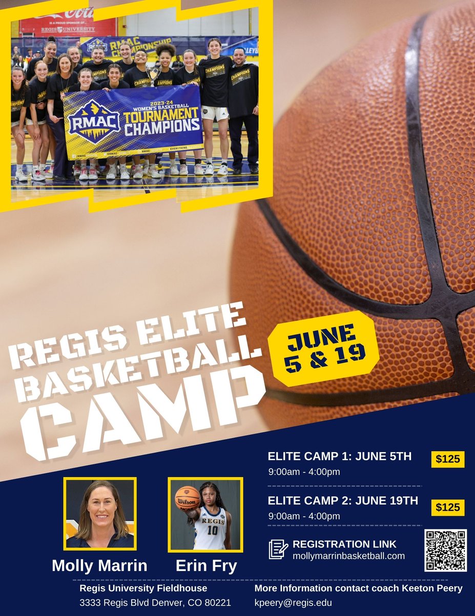 As you look ahead to summer plans, keep @RegisRangersWBB Elite Camp in mind! Offering two June dates this year! Sign up today at: mollymarrinbasketball.com/high-school-el… Spots are limited so act fast!