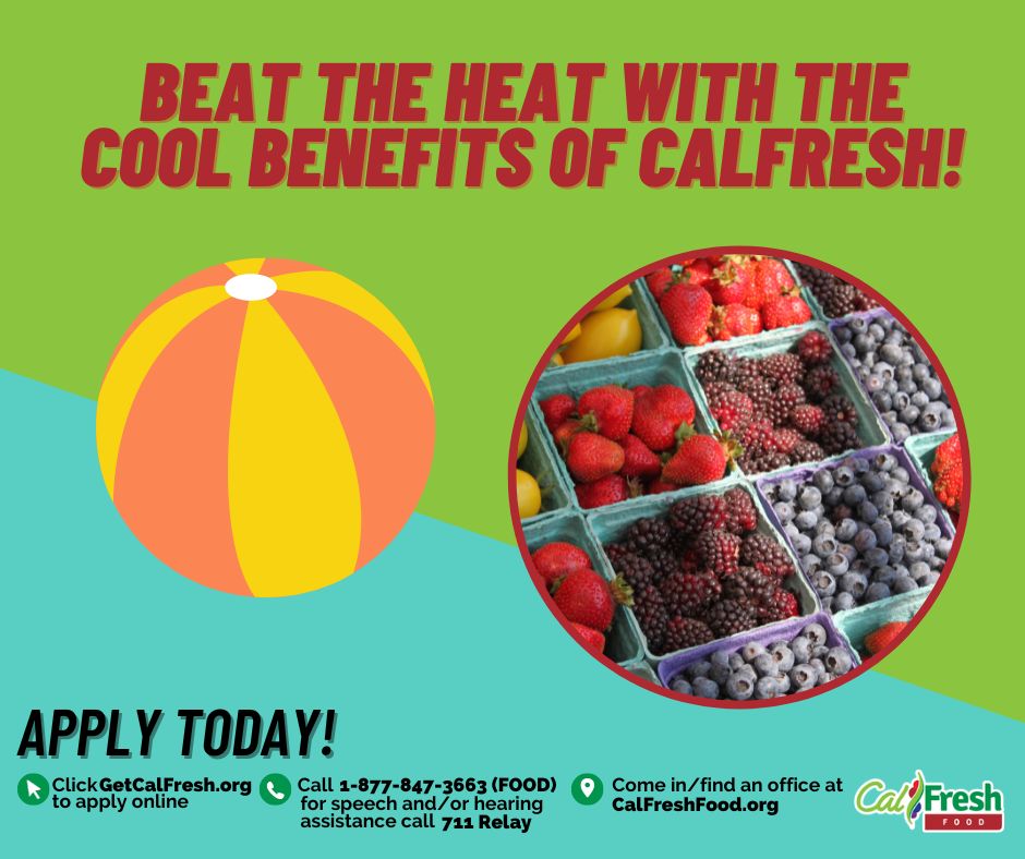CaliforniaDSS's tweet photo. Beat the heat with the cool benefits of CalFresh! Find out if you’re eligible for fresh produce and a variety of foods at https://t.co/nwjZg4J1GE #CalFreshFood #Summer https://t.co/7EFJcKQ3Wp