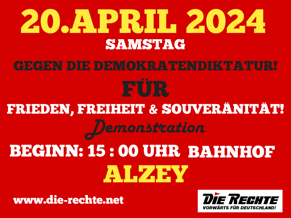 20.04.2024 Demo in Alzey!
#Alzey #Rheinhessen #Demokratie #Demokratendiktatur
#Deutschland #Frieden #Freiheit #Souveränität #DeutschesReich
#Meinungsfreiheit #Az2004