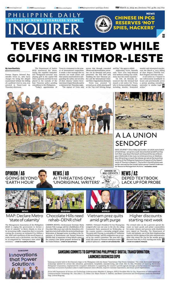 Today's Inquirer front page (March 22, 2024).

More at inq.news/plusfront. 📰#INQFrontPage