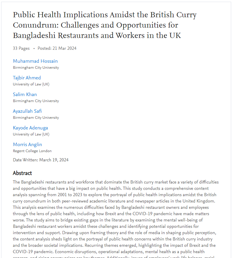 Public Health Implications Amidst the British Curry Conundrum: Challenges and Opportunities for Bangladeshi Restaurants and Workers in the UK @SSRN papers.ssrn.com/sol3/papers.cf… #PublicHealth #BritishCurryIndustry #IndianRestaurant #Bangladeshi @ayazsafi13