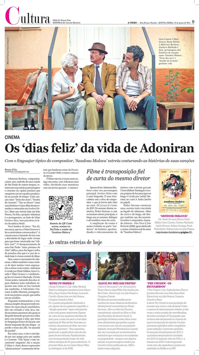 Capa de hoje no caderno Cultura em @jornalauniao: matéria minha sobre a estreia de 'Saudosa Maloca', filme que entra em cartaz em João Pessoa costurando as histórias das canções de Adoniran Barbosa e com o próprio compositor como personagem (vivido por Paulo Miklos).