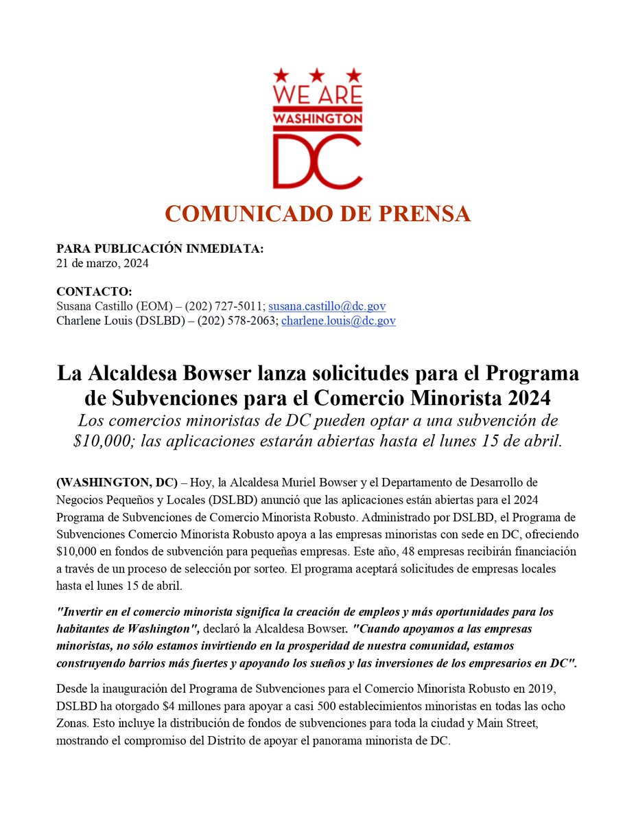 OLADCGov's tweet photo. .@MayorBowser lanza solicitudes para el Programa de Subvenciones para el Comercio Minorista 2024

Los comercios minoristas de DC pueden optar a una subvención de $10,000; las aplicaciones estarán abiertas hasta el lunes 15 de abril.

#SOMOSDC #DCcomeback https://t.co/tOCNqucJnQ