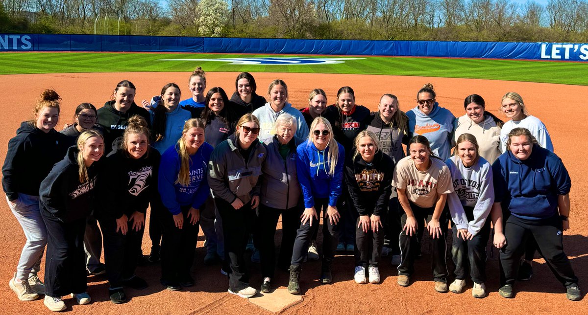 TMU_Softball's tweet photo. What would we do without her 💙
 #1 @tmusaints 🥎 Fan, Judy Harris, came by to visit the new field today! 
#LetsGoSaints https://t.co/NXXIY32nBu