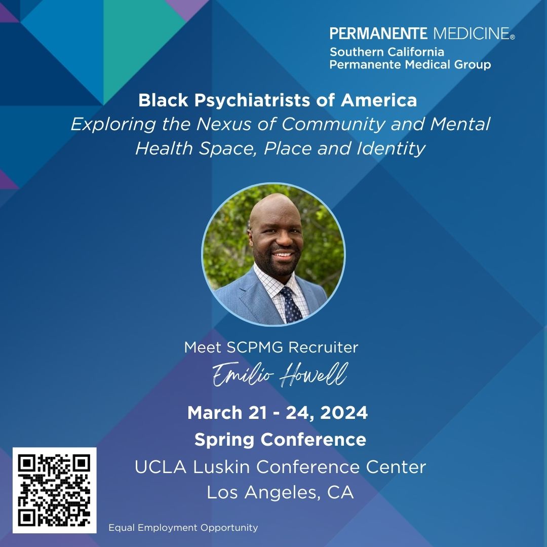 We are excited to connect and represent SCPMG at the Black Psychiatrists of America Spring Conference! Our physician recruiter Emilio Howell is ready to engage with psychiatrists and champion diversity in mental health care. #Psychiatry #MentalHealth #SCPMG #KaiserPermanente