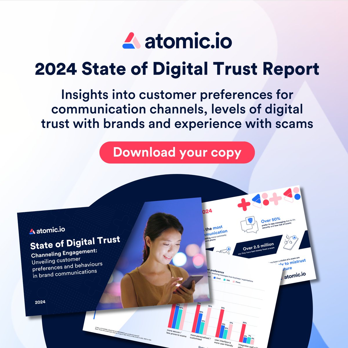 We've launched our 'Atomic.io State of Digital Trust' report covering a comprehensive look into:

📱 preferences in communication channels 
💭 views on digital trust with brands 
🚀 experiences with scams and fraud   

Access your copy now 👉 atomic.io/state-of-digit…