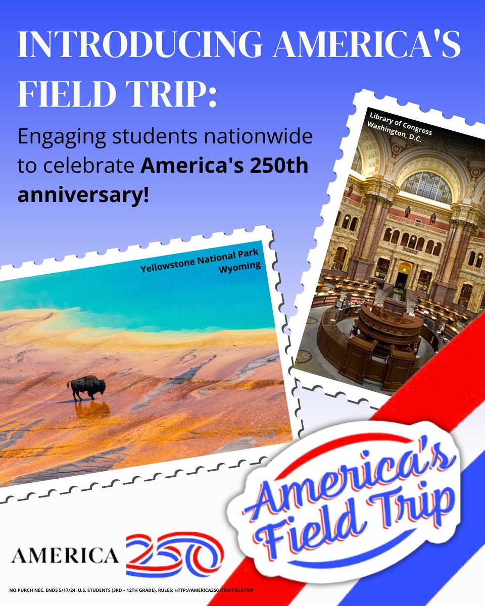 Calling students in Grade 3-12! Enter @America250’s #AmericasFieldTrip contest for a chance to travel to one of America’s landmarks! Submit your art, essays, videos, & other media to answer the prompt: “What does America mean to you?” america250.org/fieldtrip #America250