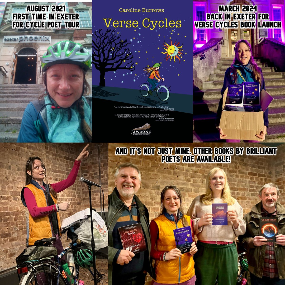 Last night my Verse Cycles poetry book launched at @exeter_phoenix.  Thank you everyone for being so kind and supportive
It's available here: wessex.media/publications/
 #worldpoetryday #cyclepoet #versecycles #carolineburrows #versecycle #takingthemic #poetrycollection #lovepoetry