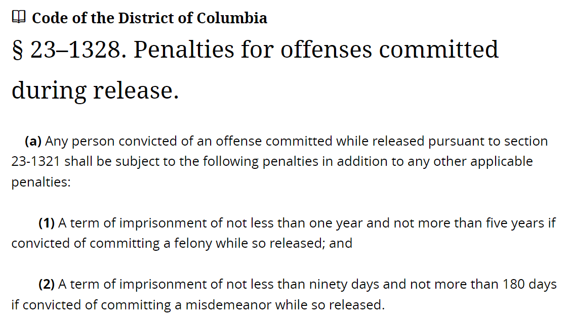 This robbery suspect allegedly committed these felony offenses while on release for a misdemeanor so could be eligible for additional penalties if convicted.

code.dccouncil.gov/us/dc/council/…